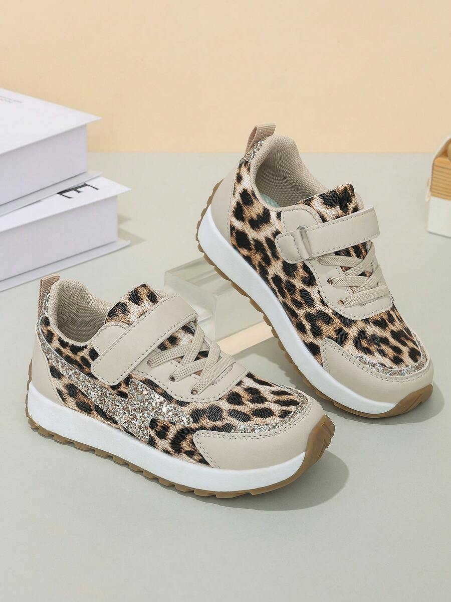 Spring/Autumn New Kids Leopard Print Sports Shoes, Rhinestone Star Hook & Loop Lightweight Non-Slip Casual Running Shoes For Girls - Khaki - View 1