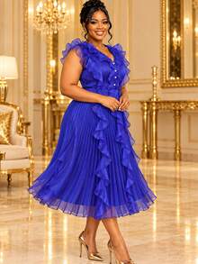 Shiny Plus Size Women Blue Pleated Flared Dress With V Neck Sleeveless Button Front Irreguared Ruffled Elegant Party Formal Midi Dresses - Blue - View 12
