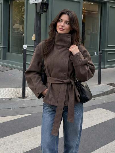 MUMRAP Women's Faux Suede Stand Collar Jacket, Button Front Long Sleeve Coat With Self Tie Belt, Waist Cinched Vintage Fall Outerwear