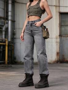 Pantalones Vaqueros Wide Leg Tiro Alto Lavado Gris Estilo Trabajo Grunge Retro 90s - Azul - Ver 6