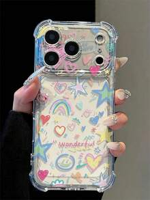 1pc Graffiti Star & Heart Pattern, Four-Corner Anti-Drop Space Phone Case, TPU Material, Suitable As Holiday Gift, Compatible With Apple 11 12 13 14 15 16pro/Promax/14 15 16plus/17/18pro/18promax, Unisex - Multicolor - View 2