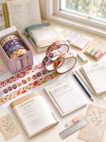 5 Rolls Vintage Cartoon Washi Tape Set, Retro Floral & Animal Pattern Decorative Stickers, Suitable For Scrapbooking, Journaling, Planner And DIY Crafts, Back To School Stationery - Wind and Objects Series - View 7