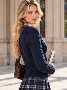 Teen Girls Y2K Vintage Cable Knit Cardigan, Front Button Long Sleeve Slim Fit Sweater Top, Preppy Street Style, Autumn/Winter Campus Daily Outfit - Navy Blue - View 2