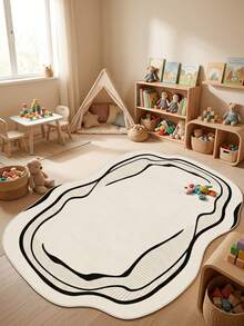 1PC Minimalist Black Line Border Pattern Coffee Table Rug, Modern Simple Cream Style Premium Versatile Faux Cashmere Asymmetrical Wavy Shape Machine Washable Area Rug, Suitable For Daily Home/Housewarming/All Seasons Large Size Floor Mat, Aesthetic Home Decor - Multicolor - View 7