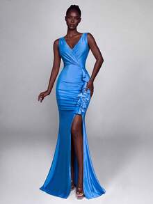 Women's Elegant Blue Sleeveless V-Neck Bodycon Dress, Ruffle Hem & Slit Design, Suitable For Party & Evening Event, Luxury Knit Fabric Long Dress - Royal Blue - View 5