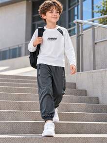 2pcs/Set Boys Grey & Black Running Pattern Long Sleeve Sports Top & Jogging Pants, Suitable For Training, School And Outdoor Activities - White - View 4
