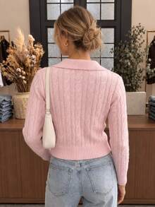 Women's Soft Polo Collar Ribbed Knit Sweater Casual Long Sleeve Pullover Layering Top - Pink - View 6