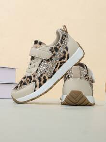 Spring/Autumn New Kids Leopard Print Sports Shoes, Rhinestone Star Hook & Loop Lightweight Non-Slip Casual Running Shoes For Girls - Khaki - View 6
