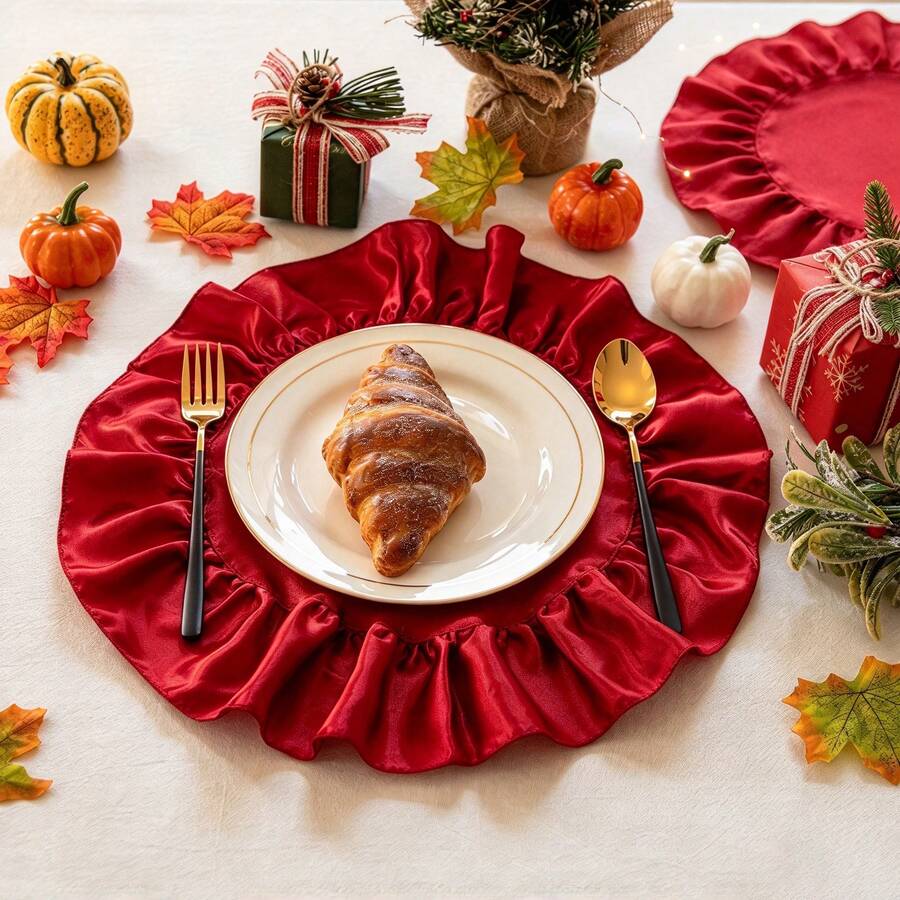 1/2/4pcs Luxury Red Satin Ruffle Round Placemats, Glossy Satin Pleated Fabric Table Mats, Christmas Holiday Table Decor - Multicolor - View 1
