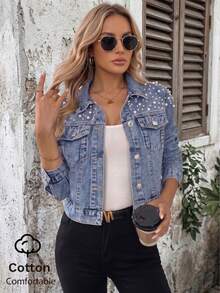 Women's Fashion Denim Jacket With Faux Pearl Decor Casual Spring - Blue - View 2