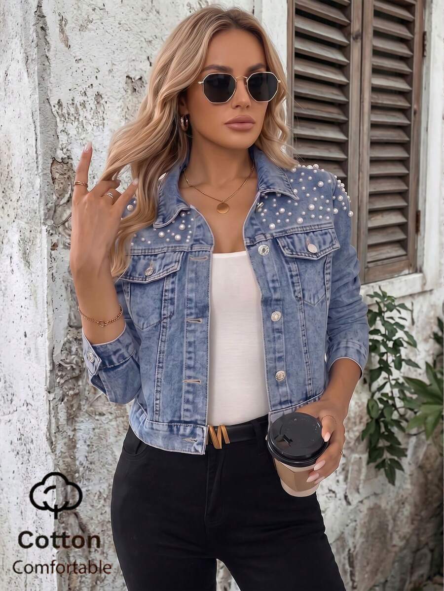 Women's Fashion Denim Jacket With Faux Pearl Decor Casual Spring