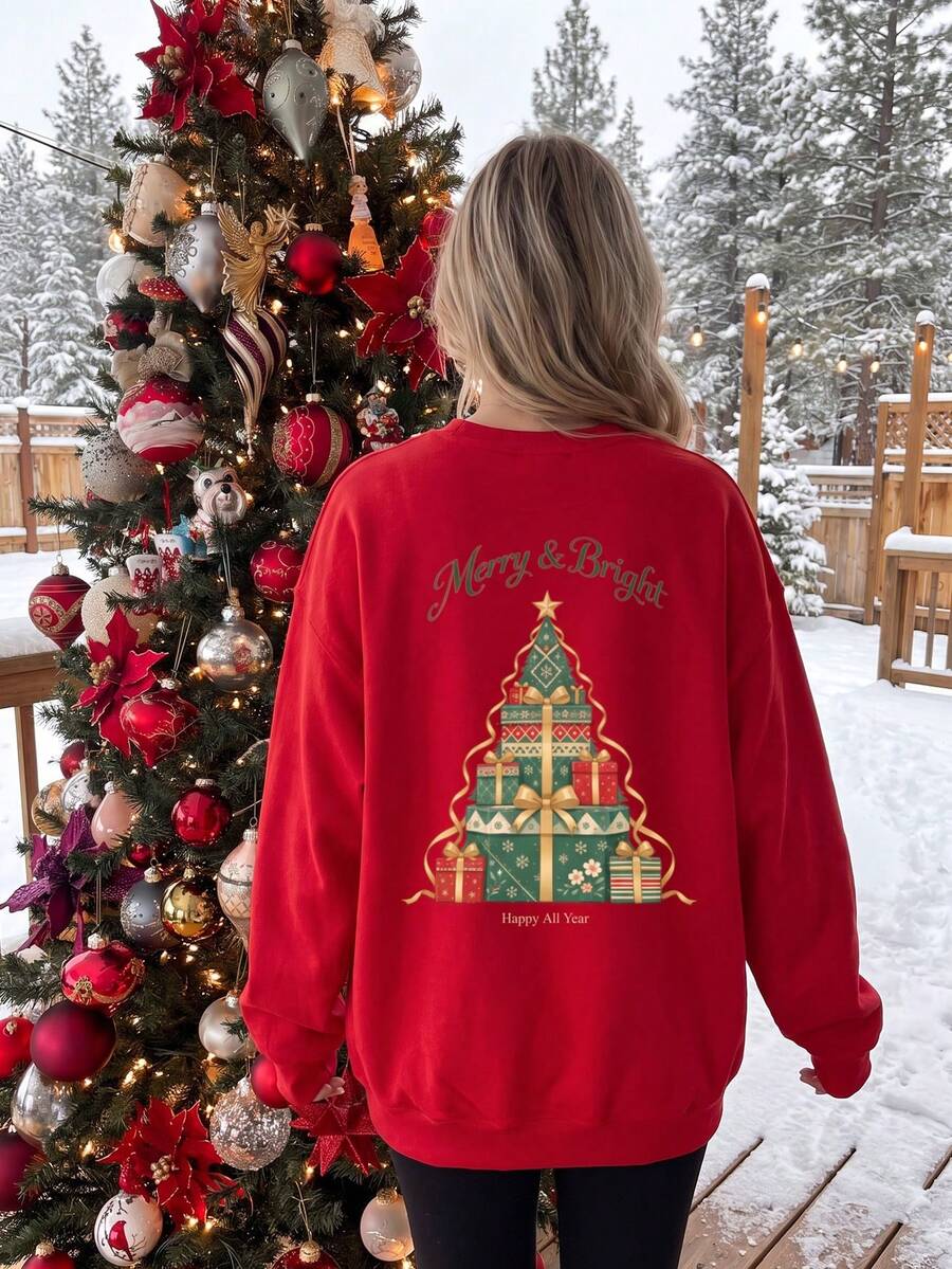 Áo nỉ nữ cổ tròn tay dài màu đỏ cho mùa Thu/Đông, lễ Giáng Sinh, họa tiết thiết kế Gift Stack Merry & Bright - Đỏ - Xem 1