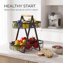 Super life A 2/3-Tier Metal Fruit Basket With A Wooden Handle-A Multi-Level Countertop Organizer For Fruits And Vegetables, Or A Farmhouse-Style Rack For Bread And Snacks, Perfect For Kitchen Countertops. - Black - View 6