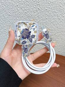 3pcs Set UK Standard Charger Cable Protector With Wavy Texture UV Printed Blue Flower Pattern, Compatible With UK Apple Fast Charger 20W UK Standard Charger, Anti-Breakage Charger Protector - Multicolor - View 1