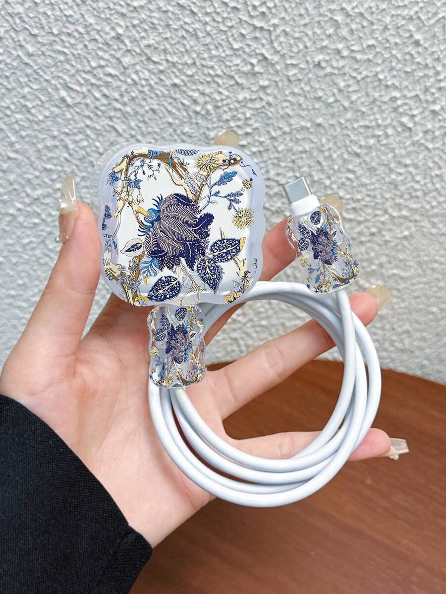 3件組英國標準充電線保護套,波浪紋理UV印花藍色花卉圖案,相容於英國Apple 20W快速充電器,防斷裂充電線保護套 - 彩色 - 查看 1
