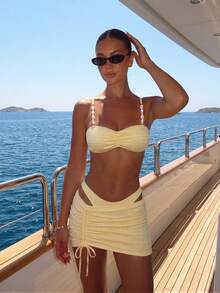 Bikinx Women's 3-Piece Vacation Set, Solid Color Textured Fabric Bikini Swimwear, Side Drawstring Mini Skirt Beach Summer Yellow - Yellow - View 2