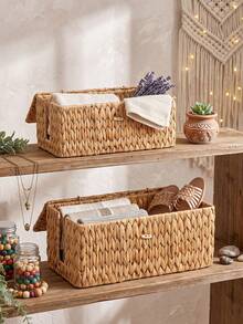 2pcs/1pc Handwoven Rattan Cable Organizer Boxes With Lids, Openwork Storage Baskets For Hiding Wires, Cords, Ropes At Home And Office, Floor Decor, Organizers - Khaki - View 3