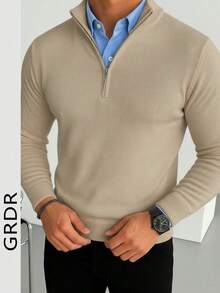 GRDR Men's Casual Long Sleeve Half Zip Knit Sweater, Versatile For Daily Wear - Camel - View 2