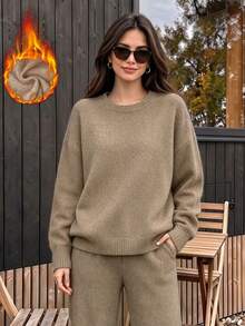 Women's Soft Sweater, Solid Color Crew Neck Pullover, Machine Washable Warm Casual Knit Top, Suitable For Autumn/Winter Layering, Opaque - Earth Gray - View 5