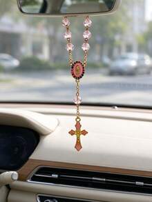 1pc Car Rearview Mirror Hanging Ornament, Crystal Beaded Car Rearview Mirror Pendant, Cross Virgin Mary Religious Style Car Interior Decoration - A - View 10