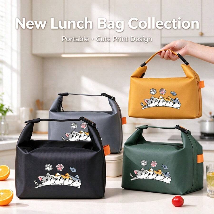 1pc Cartoon Cat Print Insulated Lunch Bag, Tote Bag, Foldable Student Office Worker Commute Outdoor Picnic Lunch Box Bag, Cartoon Cat Meal Bag - Cat Print Lunch Bag - View 1