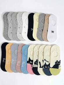 5/10 Pairs Cute Cat Bow Heart Invisible Socks, Multi-Pack Women's Non-Slip Low-Cut Boat Socks - Multicolor - View 6