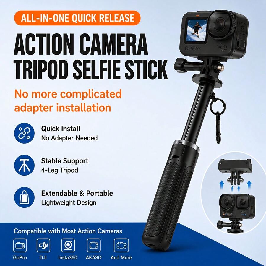 Multifunctional Extendable Action Camera Selfie Stick Tripod, Handheld Grip & Desktop Stand 2-In-1, With Portable Hanging Clip, Suitable For Vlog, Travel, Live Streaming And Outdoor Shooting - View 1