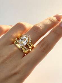 Women 18K Gold Plated Stackable Ring Set, Oval Cut Clear Cubic Zirconia Multi Open Stacking Rings, Elegant Statement Jewelry For Wedding Daily Wear - Gold - View 4