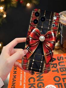 1pc 2D Printed Christmas Plaid Bow Pattern, Popular Creative Premium Design, Waterproof Durable Dustproof Fashion Minimalist Camera Protection Black Matte Full Coverage Protective Phone Case, Compatible With: 18Pro Max/ 17Pro Max Phone Case/18Pro/17/17Pro/,16promax,16/15/14/13/12/11,7/8,XR/XS,All Series Plus/Pro/Pro Max; Galaxy - Black - View 4