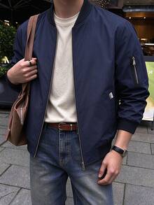 Men's Navy Blue Baseball Collar Full Zip Flight Jacket, With Cuff Pockets, Casual Lightweight Outerwear - Navy Blue - View 9
