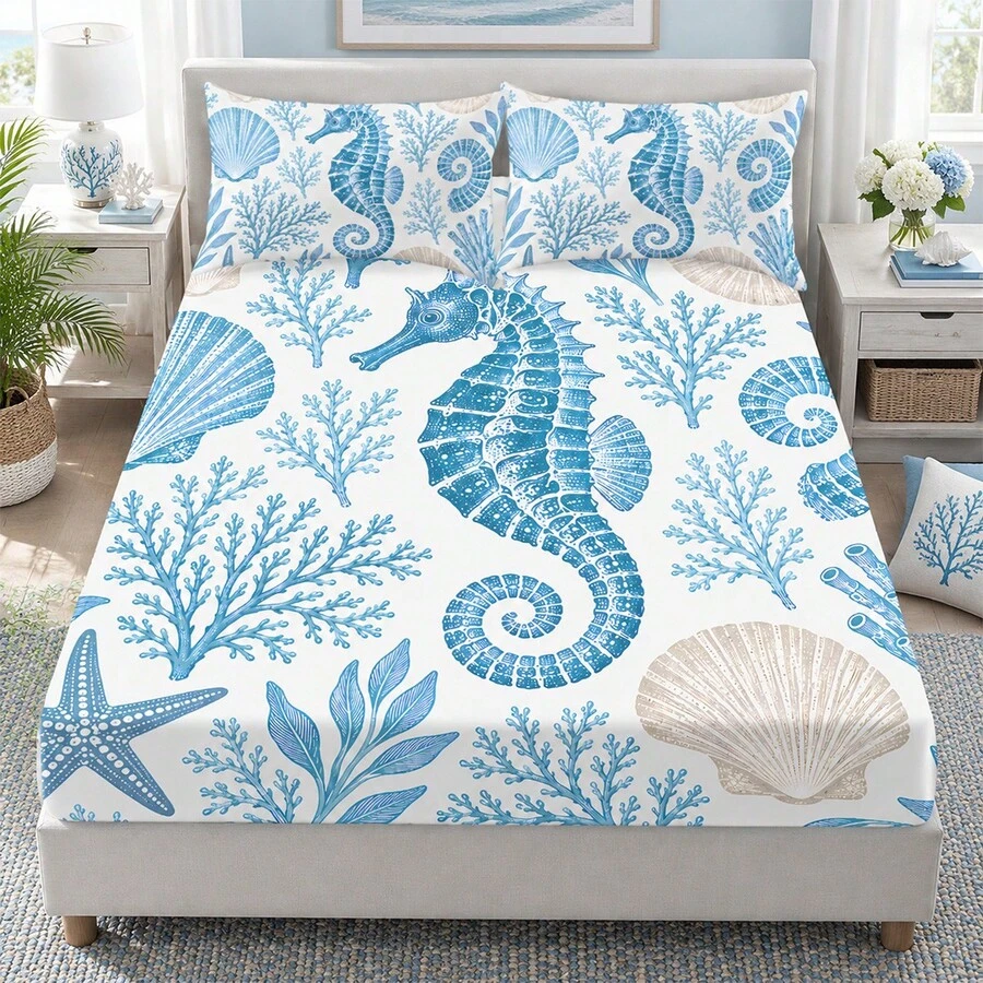 3pcs Bed Sheet Set (1PC Bed Sheet + 2pcs Pillowcases, Pillow Inserts Not Included) Polyester Digital Print, Blue And White Seahorse Shell Coral Pattern Bedroom Supplies, Machine Washable, Daily Bedroom Home Textile Products - Multicolor - View 1
