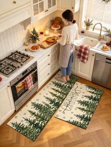 1/2pcs Christmas Kitchen Decor Rug, Merry Christmas, Christmas Tree Design Pattern Winter Kitchen Rug And Mat, Non-Slip Washable Absorbent Kitchen Accessory Decor Mat, Christmas Holiday Gift! - Multicolor - View 2