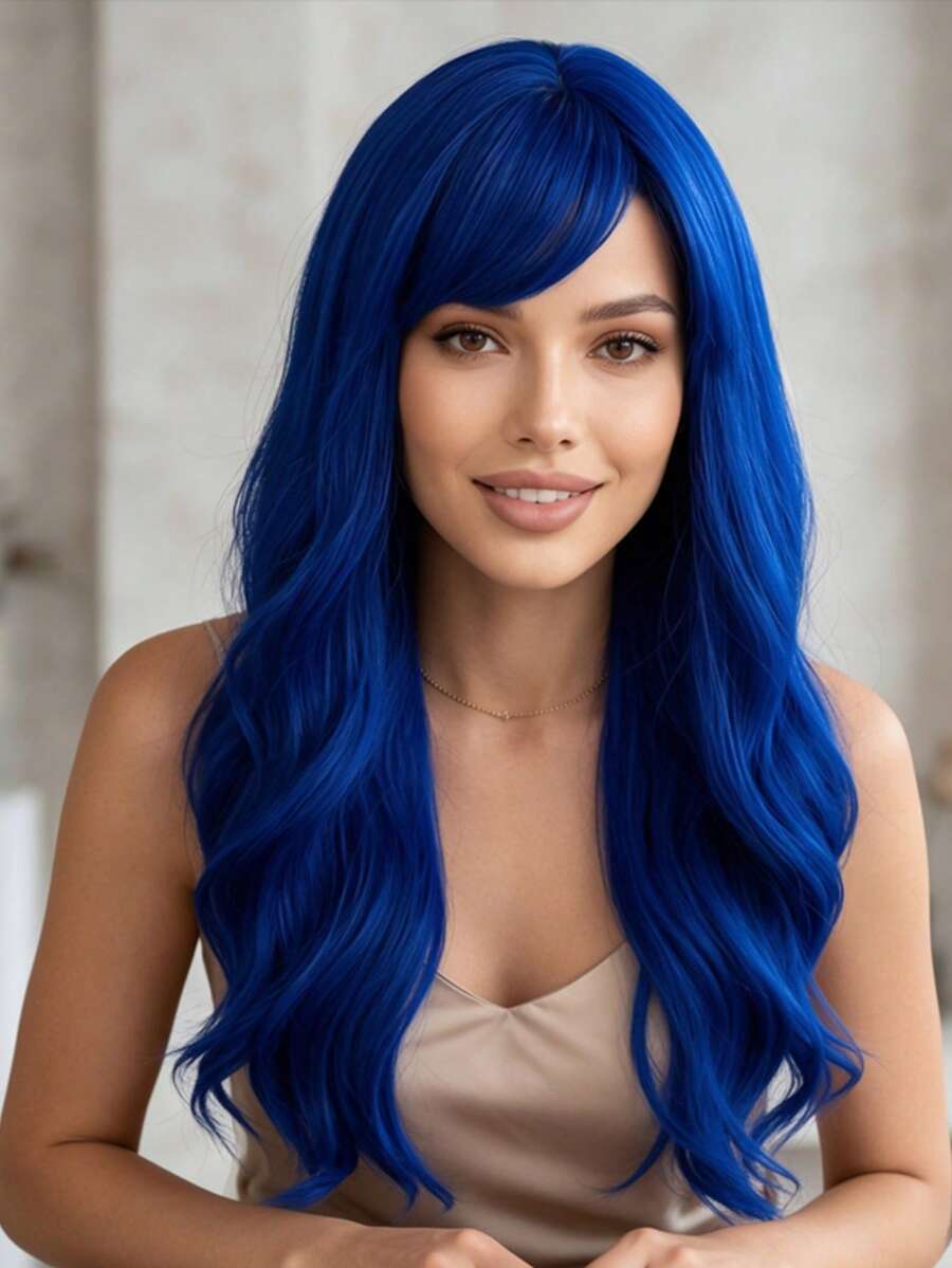 Women's 28-Inch Long Curly Blue Synthetic Wig With Bangs, Heat-Resistant Hair, Soft And Smooth, Suitable For Parties And Gatherings, Adjustable Cap Band Ensures Secure Fit, Ideal Choice For All Women - View 1