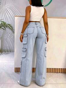 Women's Casual Daily Travel Utility Denim Jeans With Pocket And Button - Light Blue - View 3