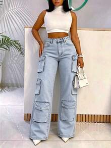 Women's Casual Daily Travel Utility Denim Jeans With Pocket And Button - Light Blue - View 1