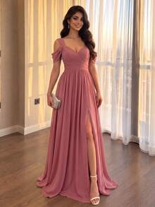 UNITHORSE Women Elegant Pleated Slit Simple Short Sleeve Chiffon Bridesmaid Dress - Dusty Pink - View 2