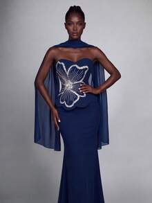 Elegant Cold Shoulder Beaded Collar Formal Dress, Sequin Floral Design, Flared Hem, Suitable For Prom And Party - Royal Blue - View 6