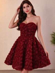 Elegant Strapless Sweetheart 3D Flower Organza Mini Prom Dress, Back Corset Lace Up Flared Party Cocktail Dress For Wedding Guest - Burgundy - View 3