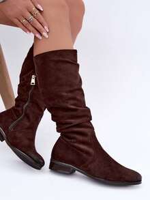 Women's Casual Versatile Ruched High Tube Boots For Daily Wear - Brown - View 5