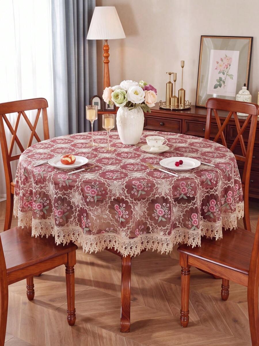 HXARTMIS 1pc 100% Polyester Embroidered Lace Hollow Round Placemat/Candle Holder Mat/Round Tablecloth, Suitable For Dining Table, Coffee Table, Vanity, Living Room, Home Decor, Holiday Party, Picnic, Family Gathering, Wedding Gift - Burgundy - View 1