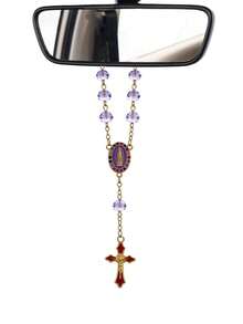 1pc Car Rearview Mirror Hanging Ornament, Crystal Beaded Car Rearview Mirror Pendant, Cross Virgin Mary Religious Style Car Interior Decoration - A - View 8