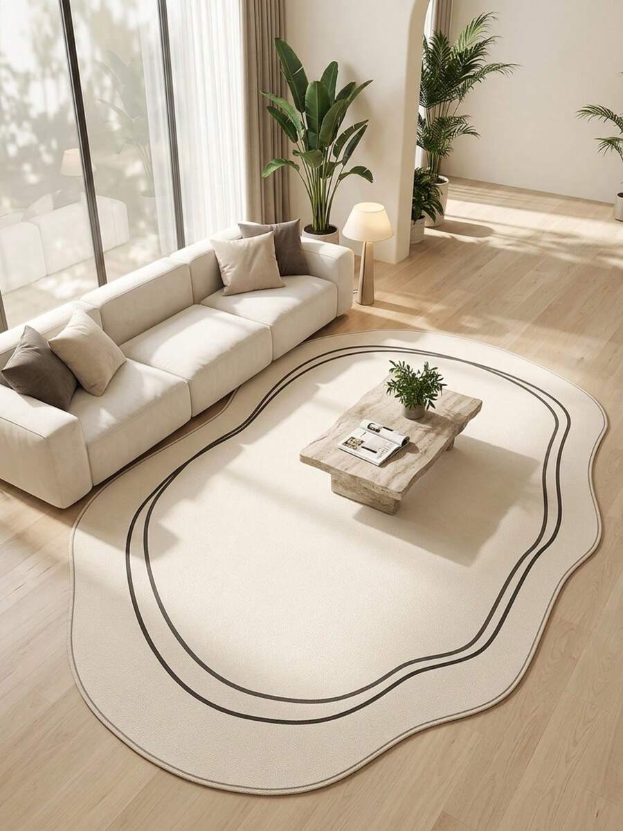 1PC Minimalist Thin Line Border Pattern Entryway Rug, Nordic Minimalist Cream Style Elegant Versatile Faux Cashmere Asymmetrical Wavy Shape Machine Washable Area Rug, Suitable For Daily Home/Holiday Party/All Season Large Size Floor Mat, Aesthetic Home Decor - Multicolor - View 1