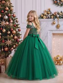 Tween Girls V-Neck Sequin Mesh Elegant Party Dress Suitable For Evening Party, Birthday, Flower Girl, Wedding - Dark Green - View 2