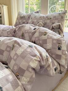 4PCS Purple-Grey Plaid Bear Duvet Cover Set, Polyester, Includes 1 Duvet Cover, 1 Bed Sheet, 2 Pillowcases, Without Duvet Insert And Pillow Insert, Pillowcase Pattern Randomly Cropped - Purple Gray - View 10