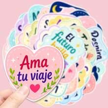 50Pcs Spanish Inspirational Quote Stickers, Positive Affirmation Text Decals, Heart & Star Shape, Motivational Phrase, Floral Cute Ornament Mixed Patterns, Waterproof Vinyl Stickers For Water Bottle, Laptop, Luggage, Journal, Scrapbook, DIY Crafts - Multicolor - View 3