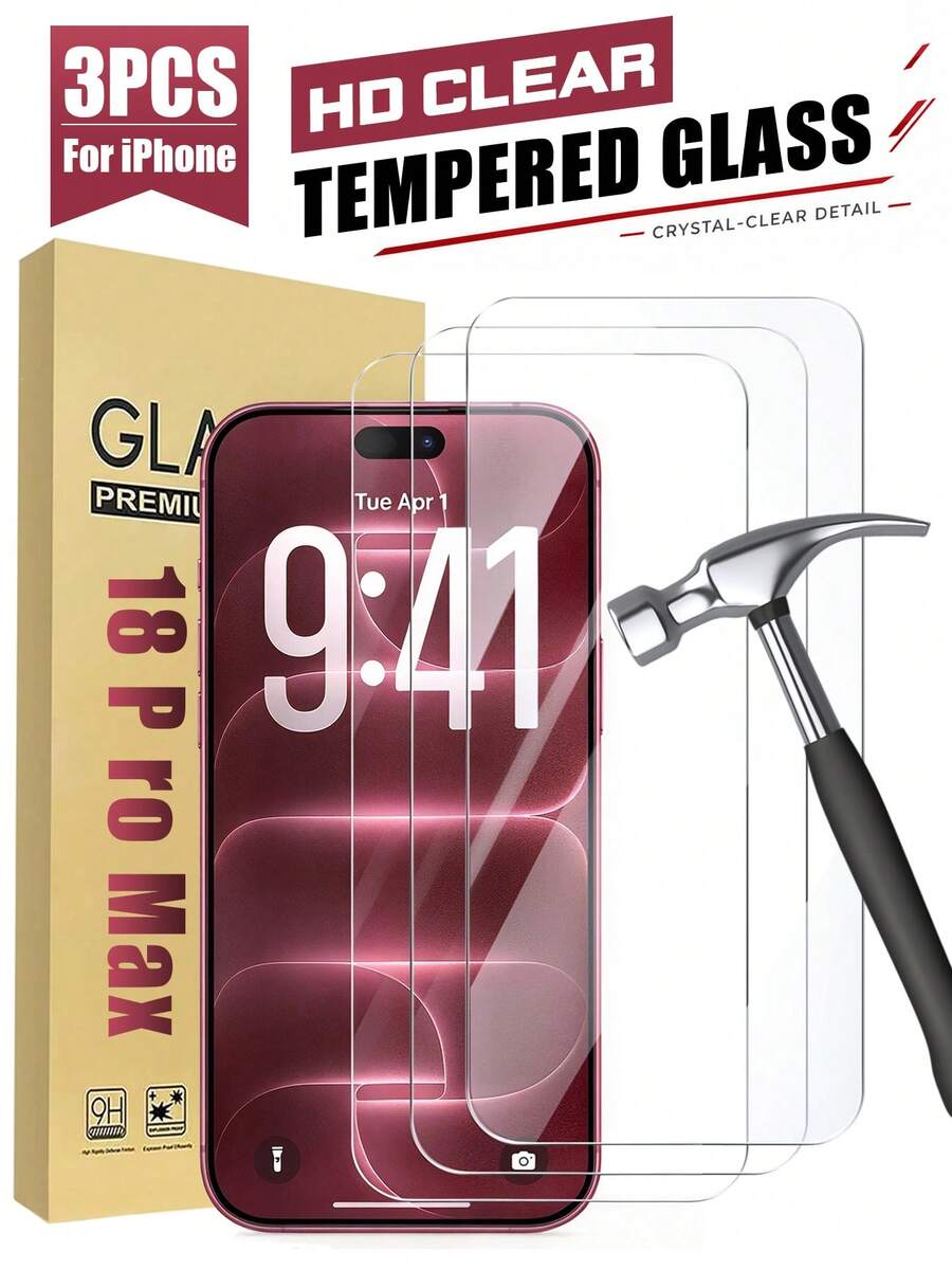3pcs 9D Full Coverage Tempered Glass Screen Protector - Compatible With IPhone DUO/18/18 Pro/18 Pro Max/17 Pro Max, 17E, 16 Pro Max, 16e, 15, 14 Plus, 13, 12, 11 Pro Max, X, XS MAX, XR | High Clarity, Scratch Resistant, Bubble-Free Installation, Case Friendly, Premium Glass Protection, Smooth Surface, Anti-Glare, High Quality Accessory - Clear - View 1
