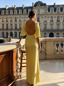 Women's Solid Color Backless Elegant Vacation Dress Party Summer Yellow - Yellow - View 2