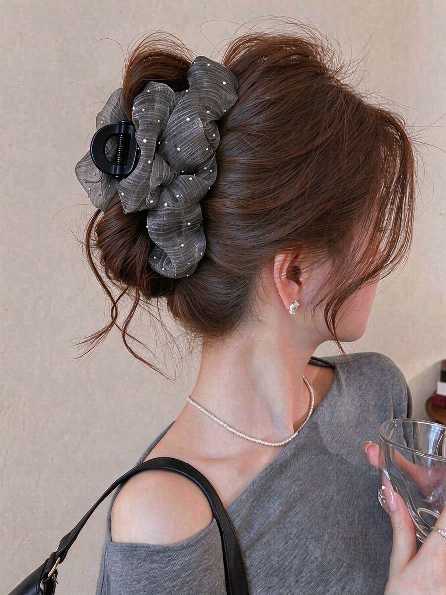 1pc Premium Mesh Polka Dot Floral Hair Claw Clip, Elegant Pleated Fabric Hair Accessory For Back Of Head Updo