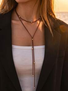 1pc Minimalist Vintage Brown Cord With Metal Ball Multi-Layer Y-Shaped Necklace For Women, Suitable For Daily Wear, Party, Vacation - Brown - View 1