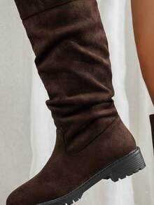 Autumn/Winter New Women's Fashion Knee-High Riding Boots, Round Toe, Chunky Heel, Vintage British Style, Pleated Thick Sole, Plus Size Tall Boots - Brown - View 6